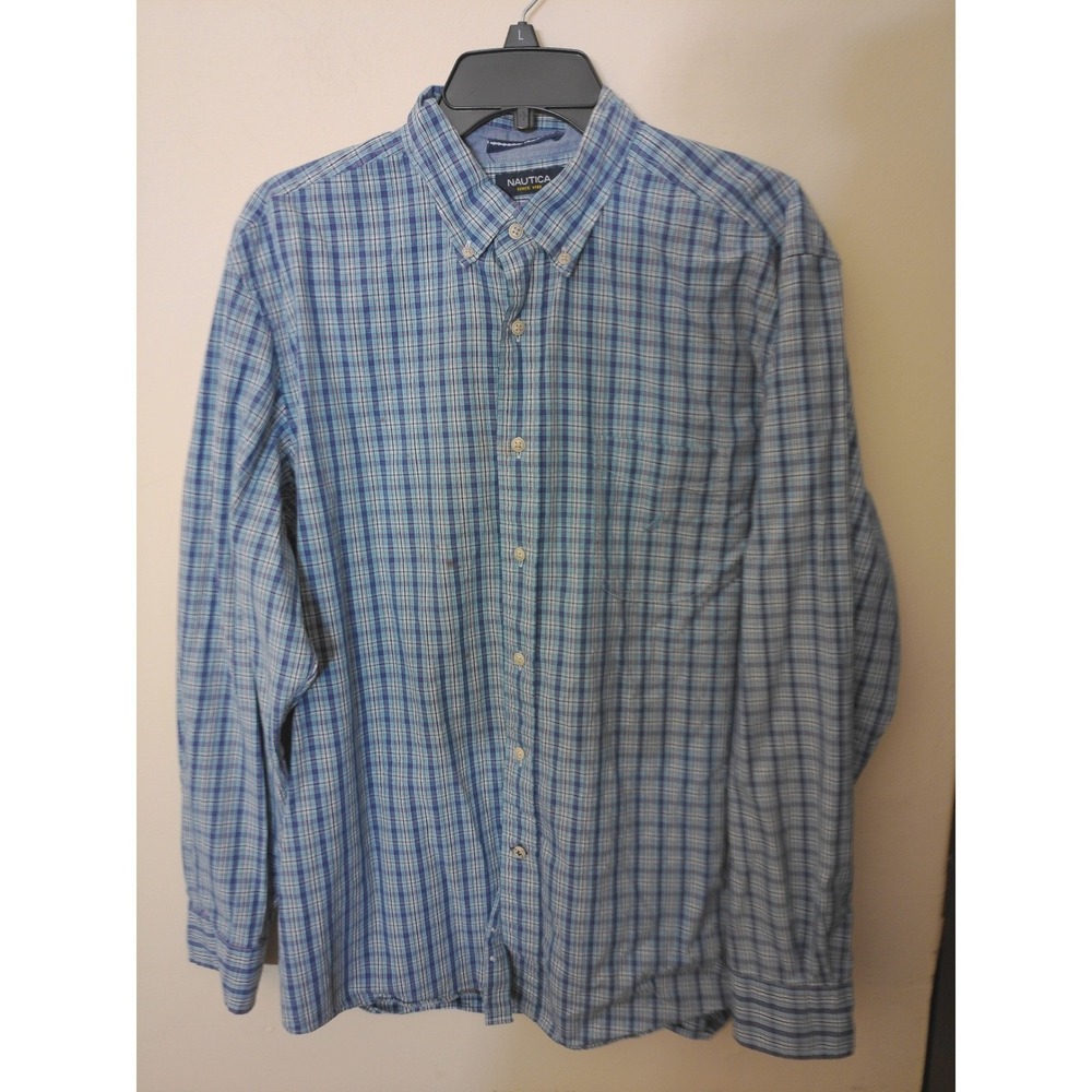 Nautica Button Down Mens L Blue Classic Fit Cotton Long Sleeve (staind) (smock)